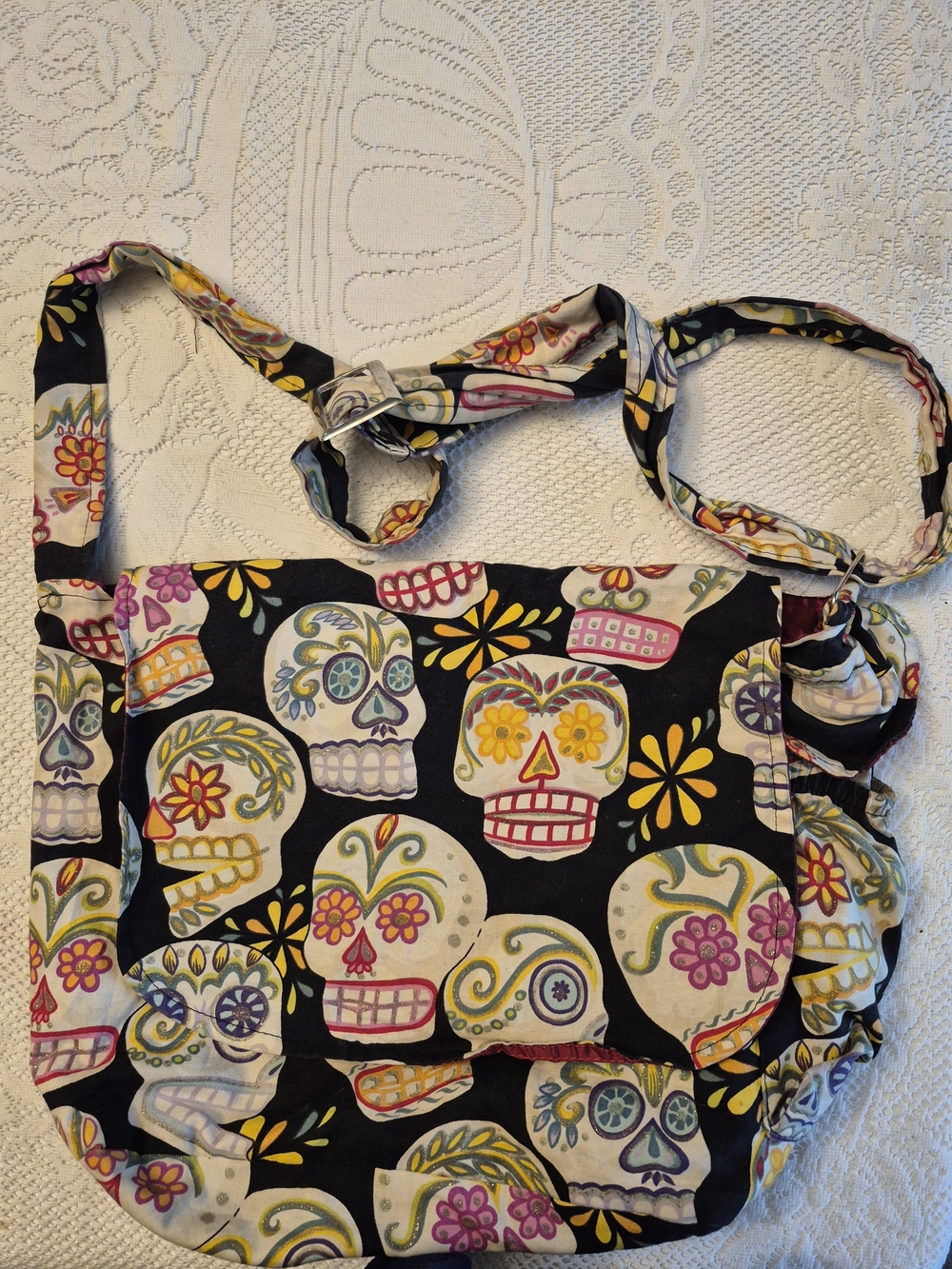 Womens Floral Sugar Skull Hobo Bag - Black